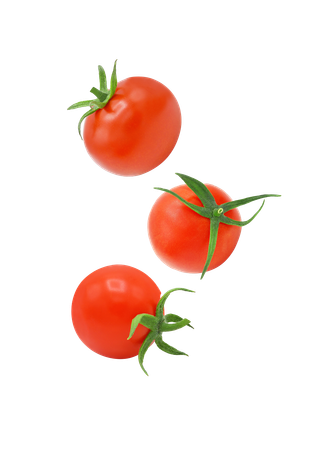 Tre pomodori fluttuano nell'aria su uno sfondo bianco.
