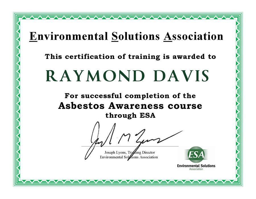Certificate for Raymond Davis, Asbestos Awareness course completion, from Environmental Solutions Association.