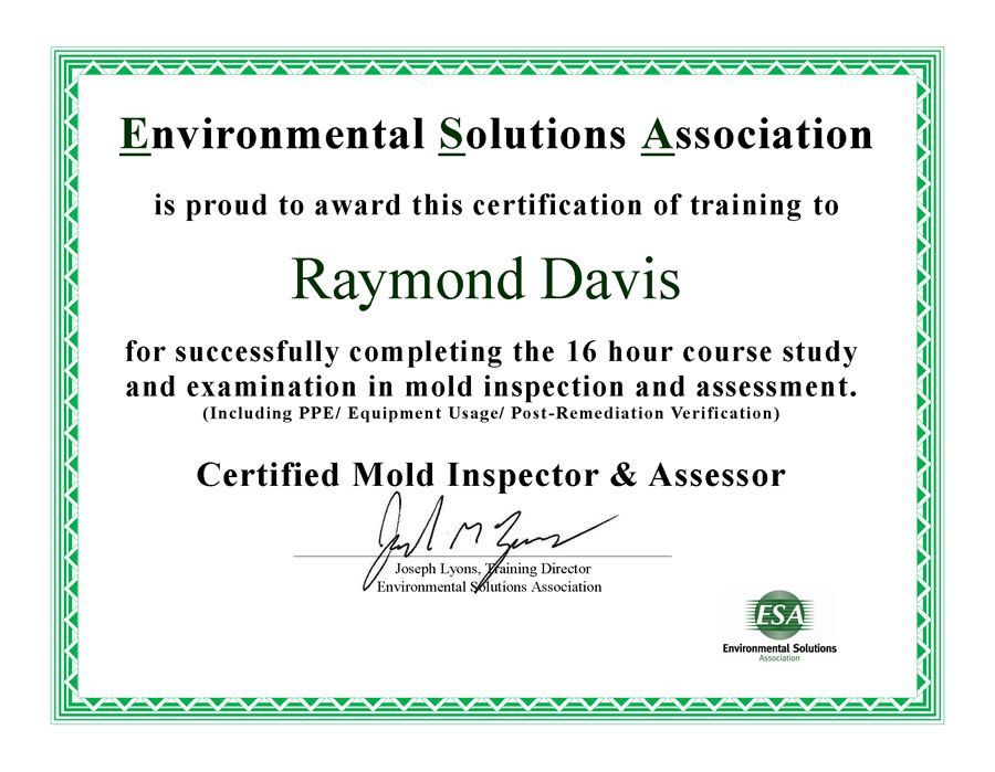 Certificate of training awarded to Raymond Davis for mold inspection and assessment.