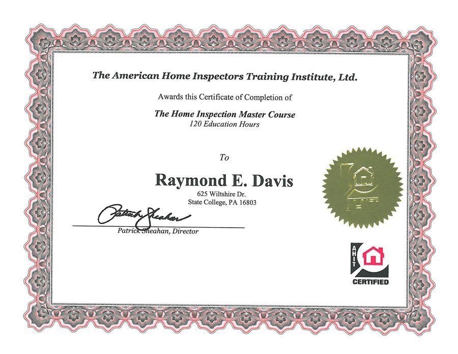 Certificate from the American House Inspectors Training Institute, awarded to Raymond E. Davis.