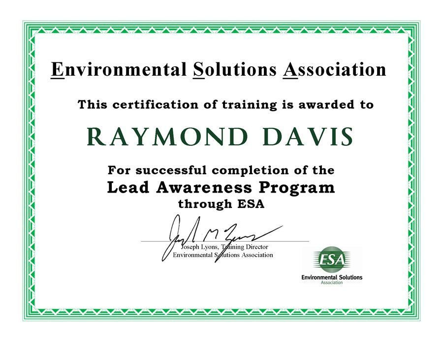 Certificate for Raymond Davis, Lead Awareness Program completion through Environmental Solutions Association, with green border.