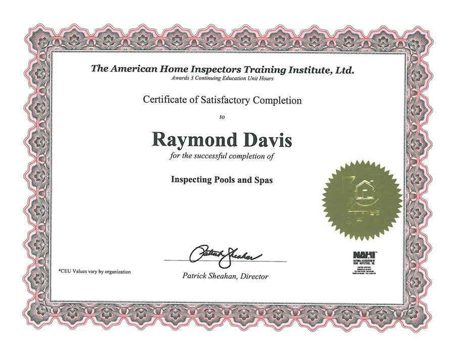 Certificate for Raymond Davis, completion of inspecting pools and spas. Features a framed document with decorative borders.
