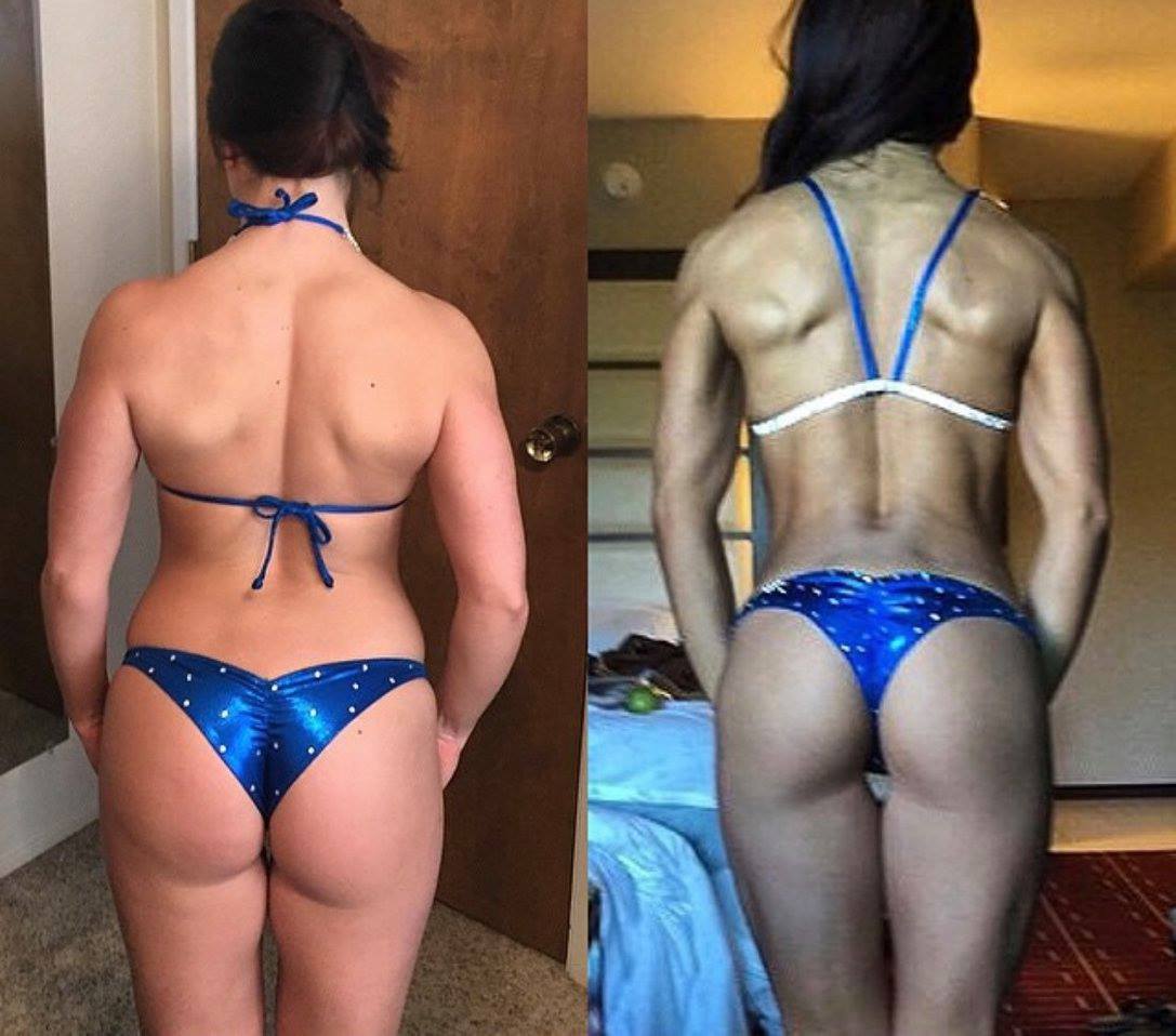 A woman in a blue bikini is standing in front of a door