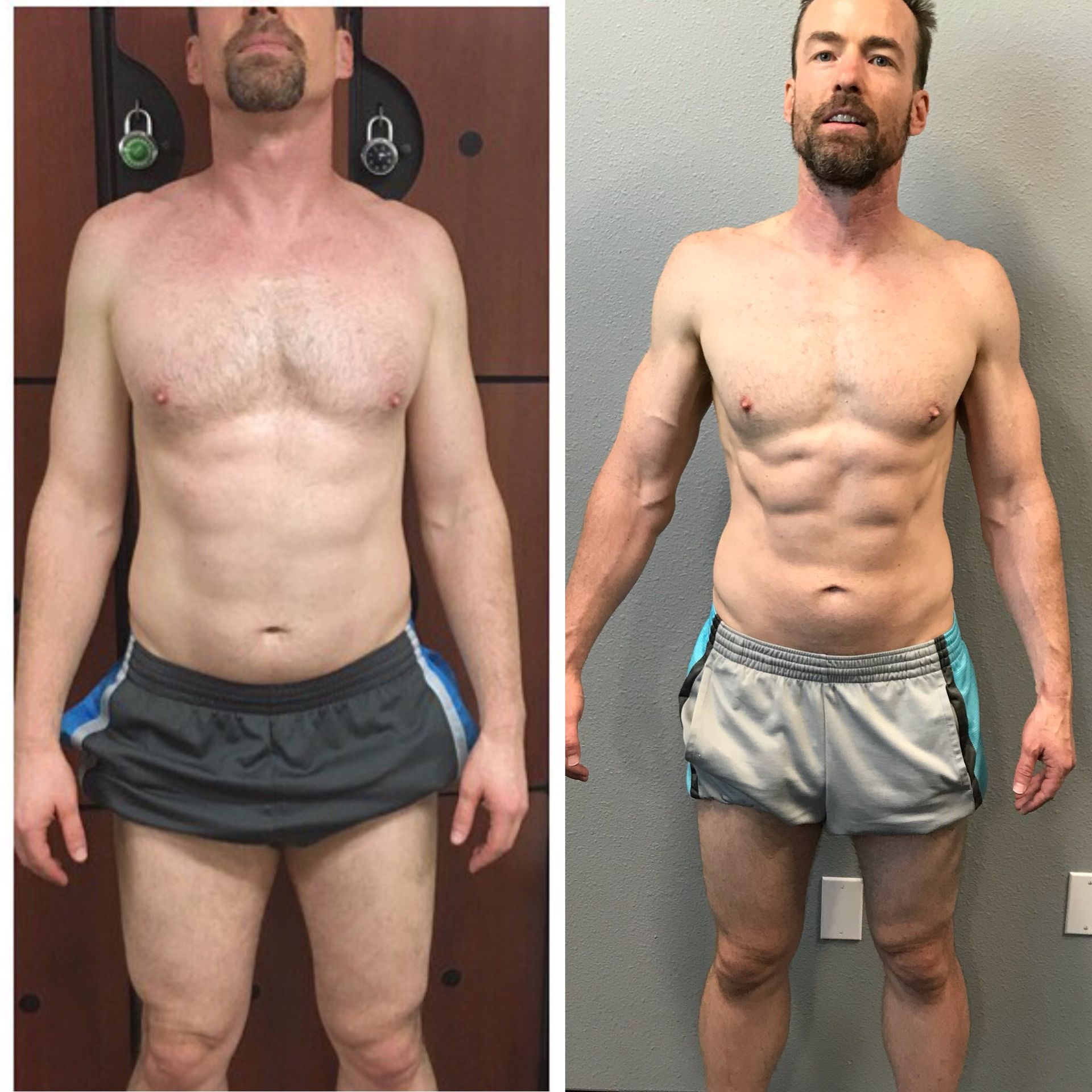 A man without a shirt and a shirtless man in shorts