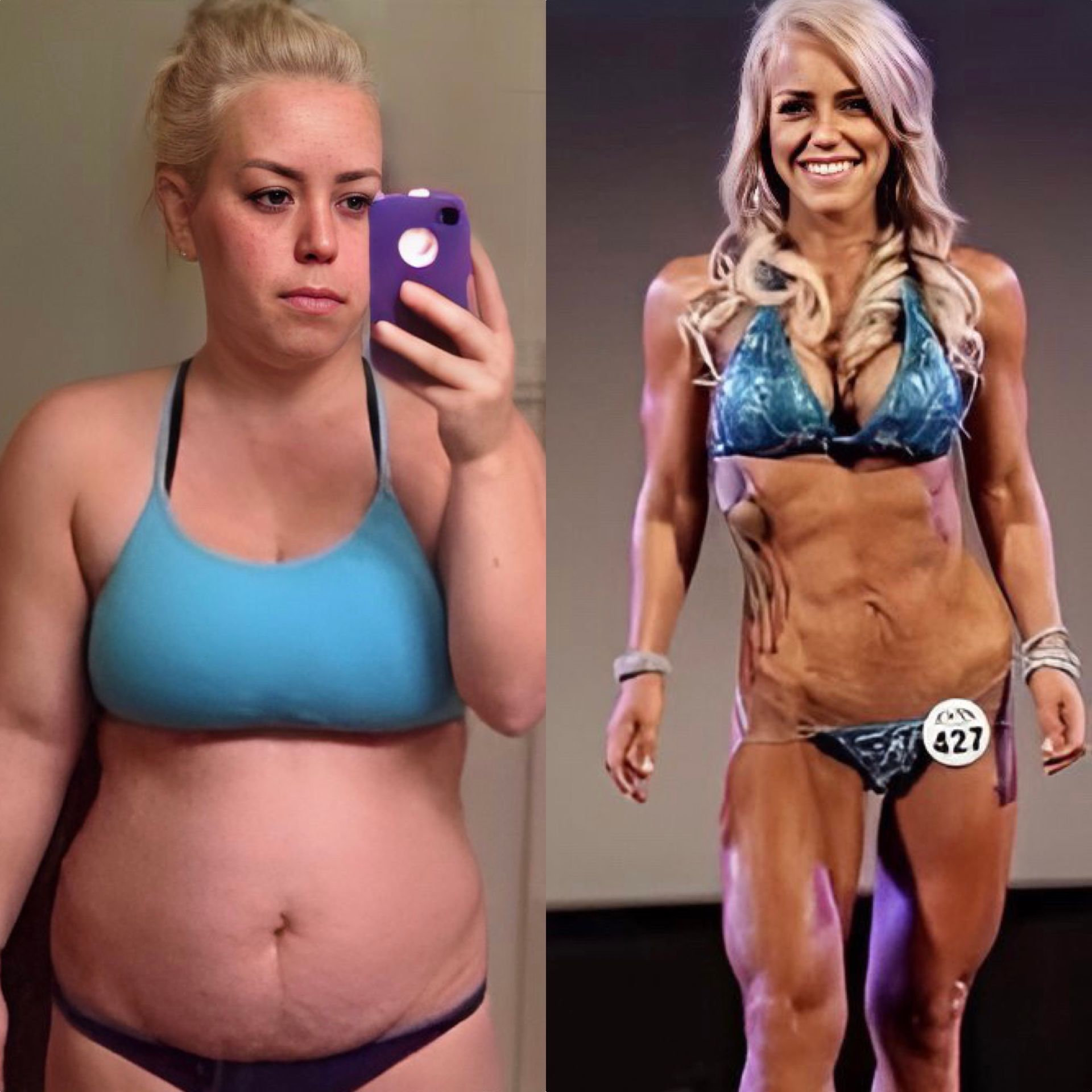 A before and after picture of a woman in a bikini taking a selfie