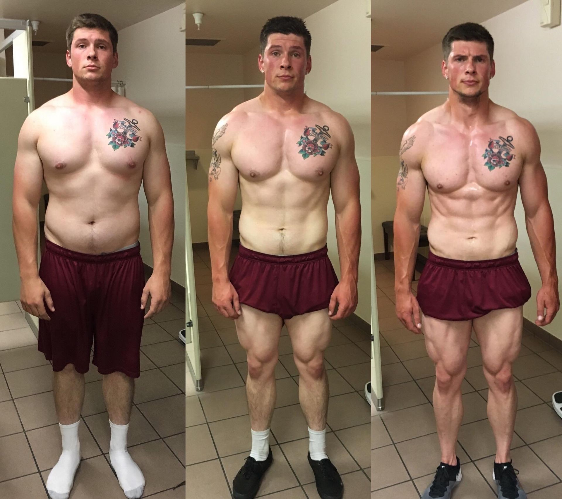 Three pictures of a shirtless man standing in a bathroom