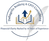 Logo for DeDagelis Bookkeeping & CFO Consulting. Features an open book with upward graph.