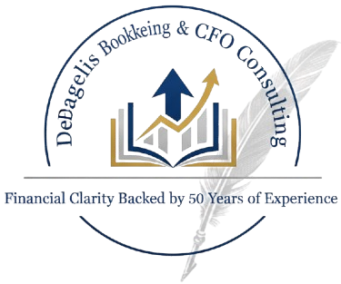 Logo for DeDagelis Bookkeeping & CFO Consulting. Features an open book with upward graph.