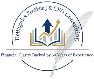 Logo: DeBagelis Bookkeeping & CFO Consulting with an open book and upward trending financial chart.