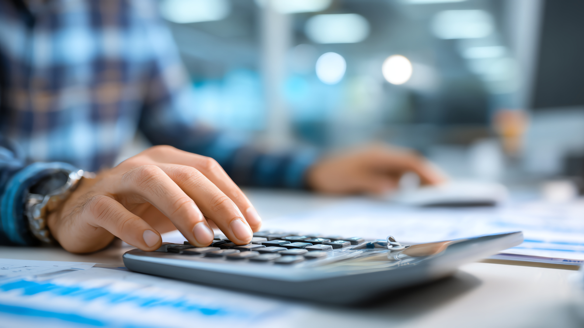 Person's hands using a calculator on a desk with charts, possibly an office setting.