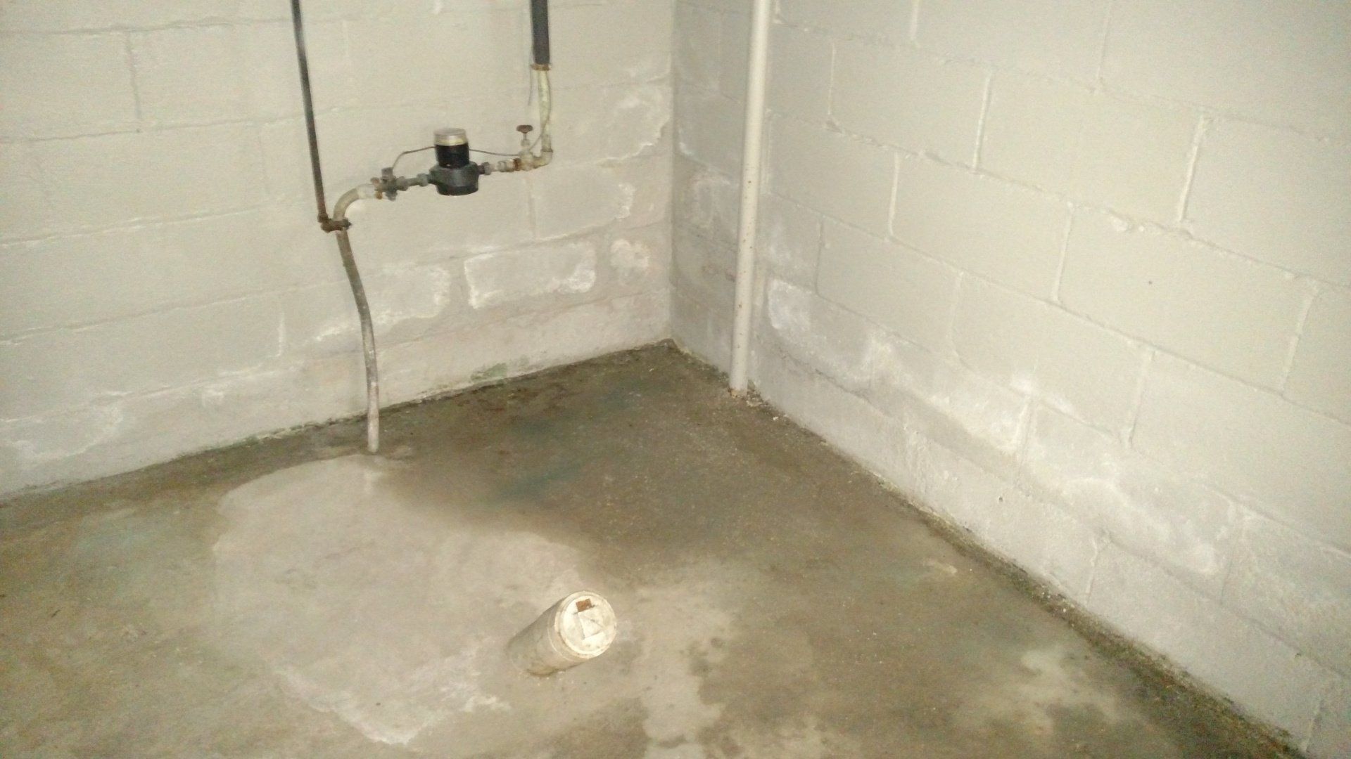 how to get rid of basement smell A corner of a basement with a drain and pipes.