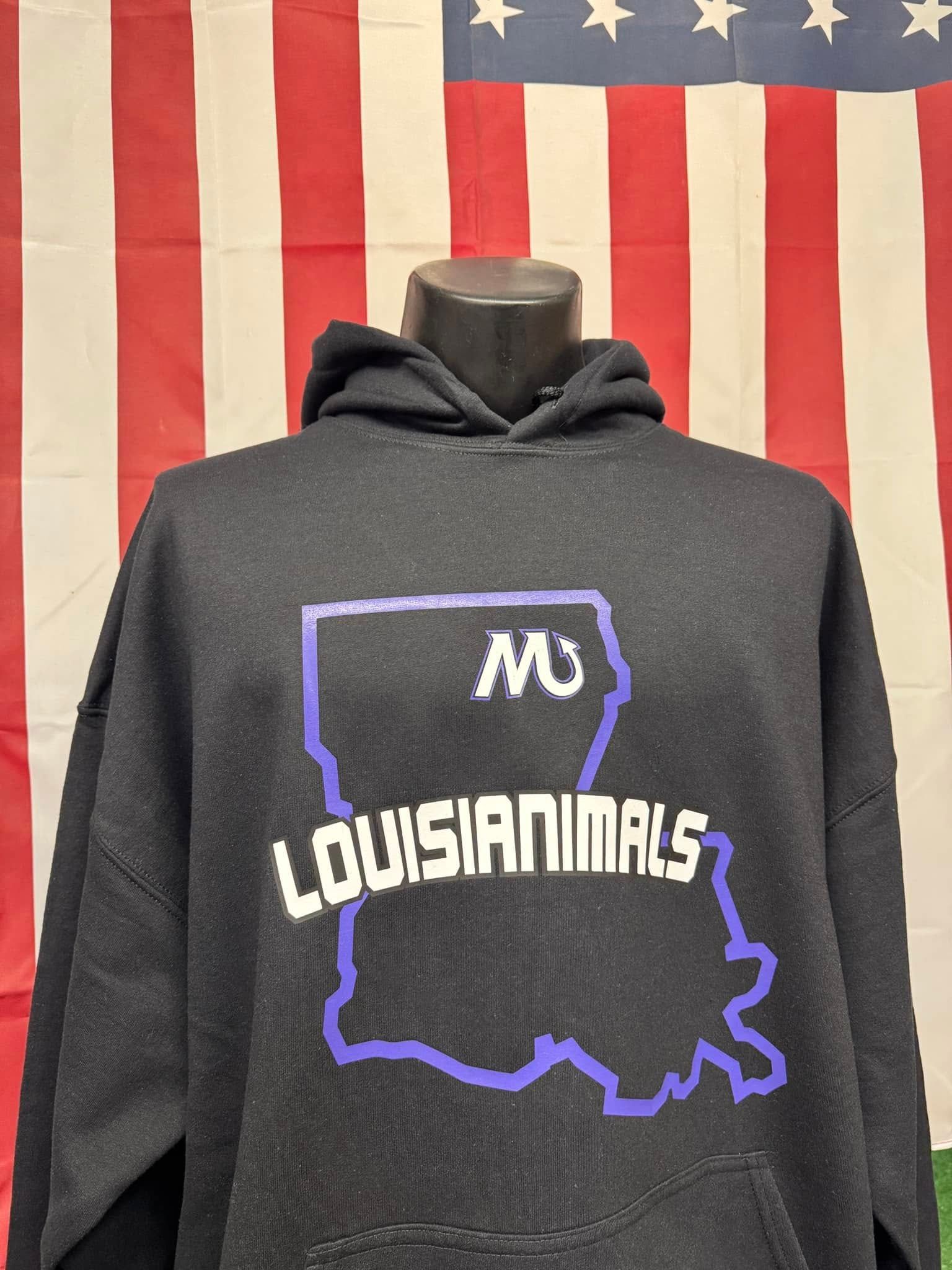A black louisiana hoodie is on a mannequin in front of an american flag