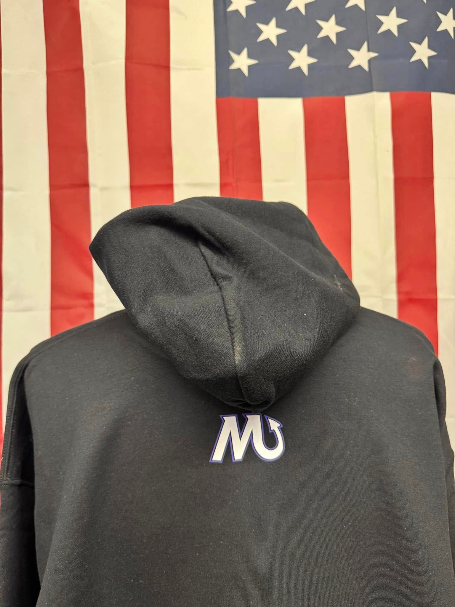 A black hoodie with the letter m on the back