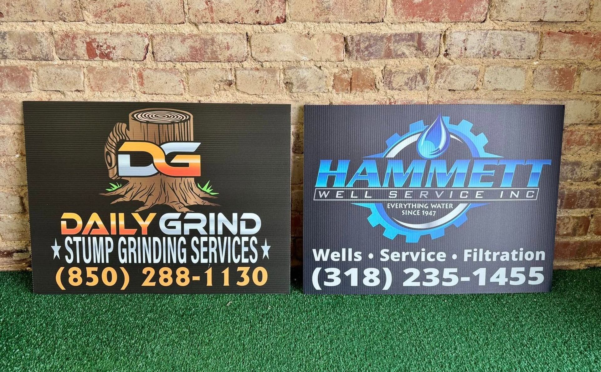 Two signs for daily grind stump grinding services and hammett well service filtration