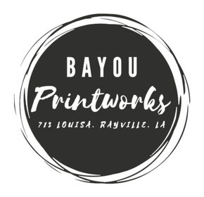 A black and white logo for bayou printworks