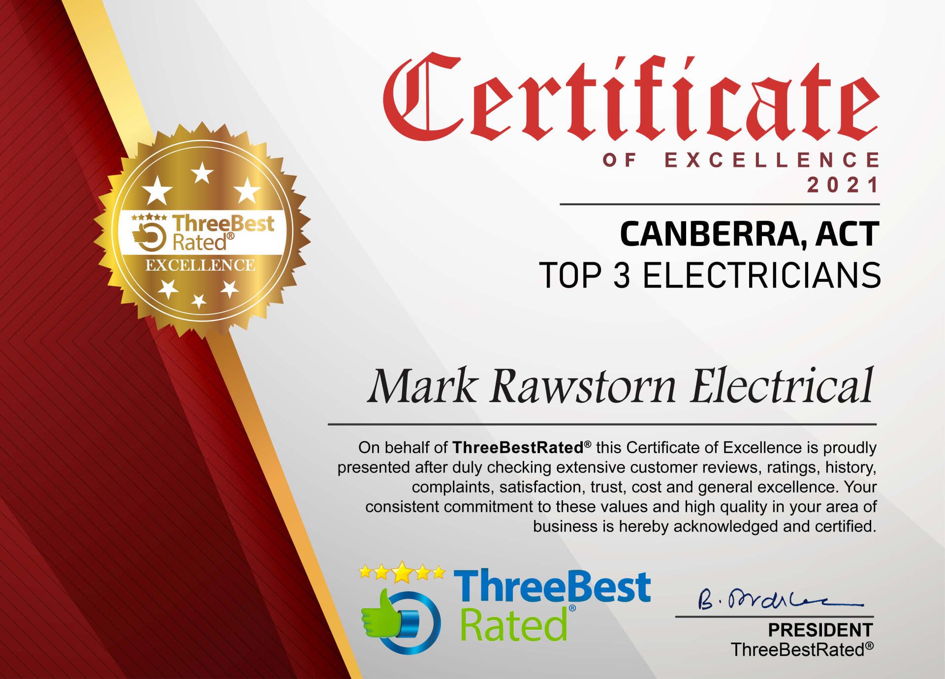 Certificate of Excellence Top 3 Canberra Electricians