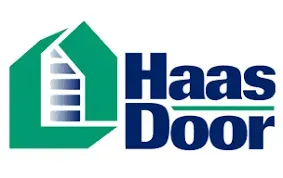 Haas Door logo with green house outline and blue text on white background