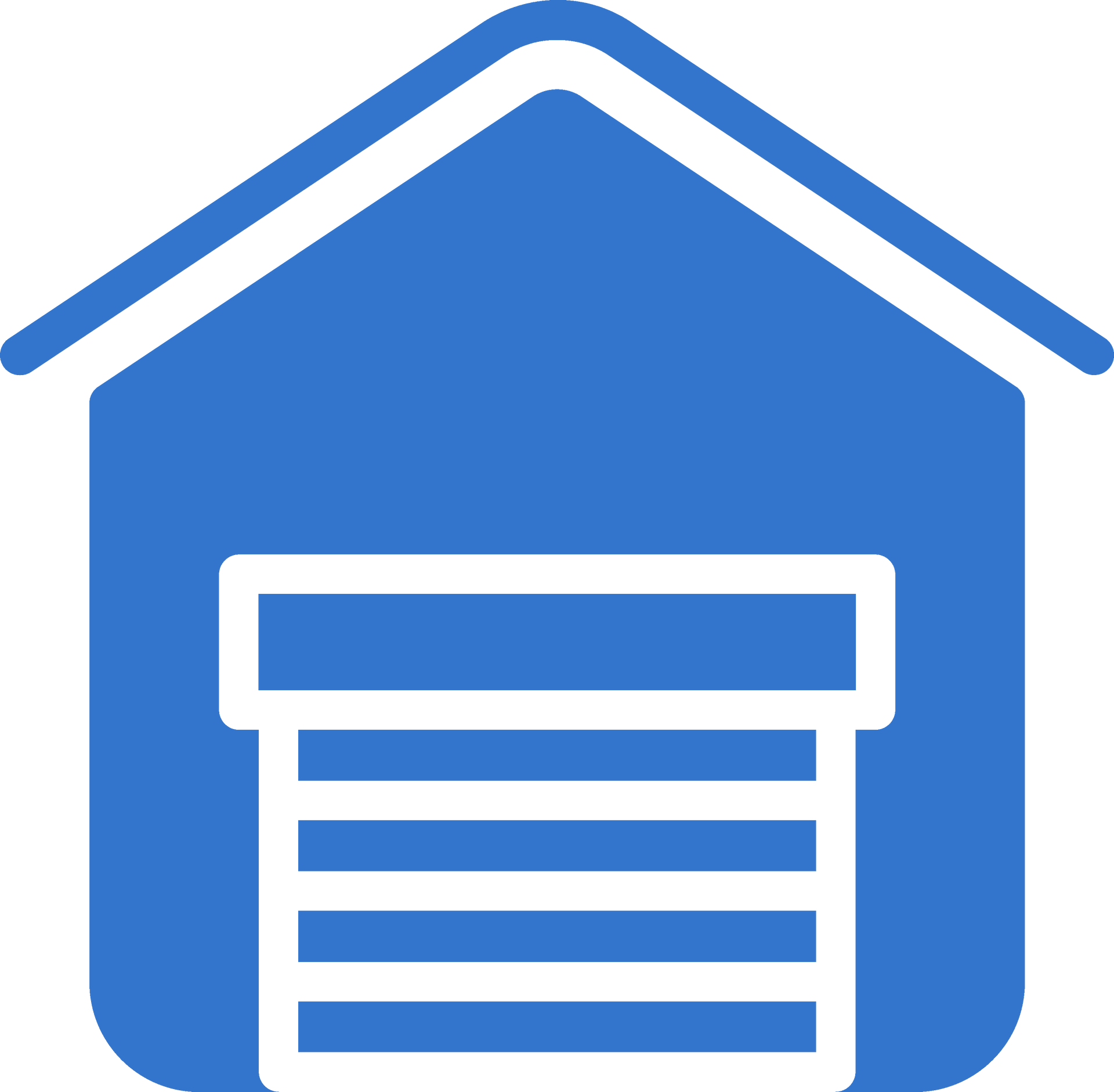 Blue storage unit icon with a white rolling garage door