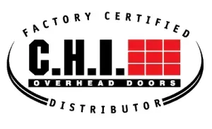 C.H.I. Overhead Doors factory certified distributor logo in black and red