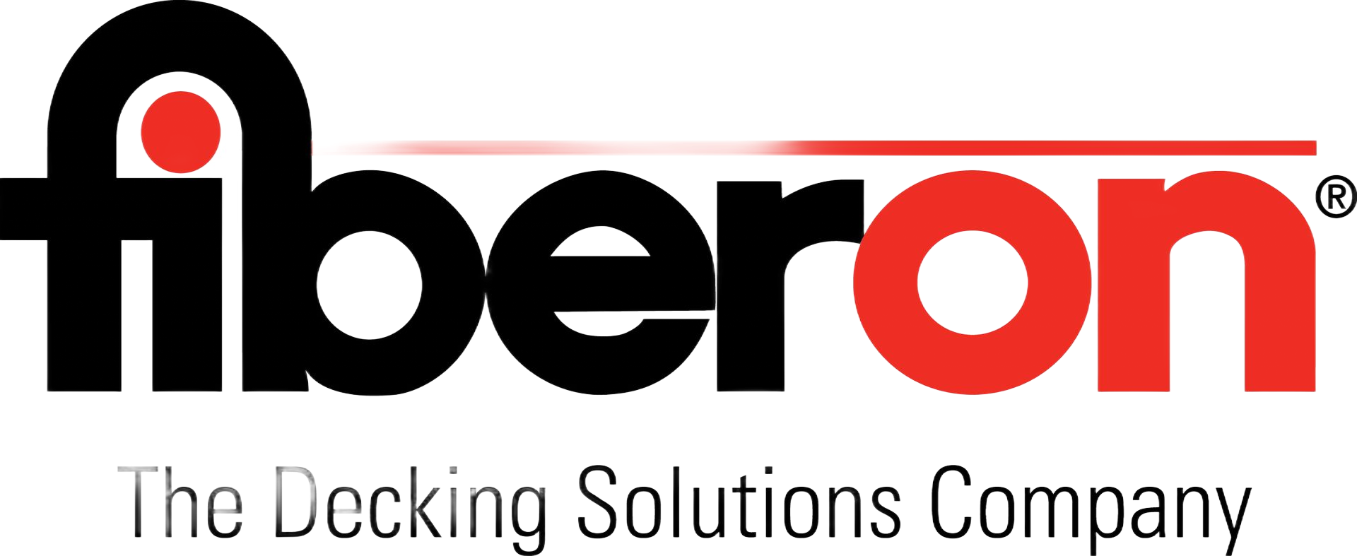 Fiberon logo: Black text with a red dot above the "i", red "on" with the tagline "The Decking Solutions Company".