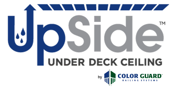 Logo for "Upside Under Deck Ceiling" by Color Guard. Blue and gray text with a blue upward arrow and water drops.