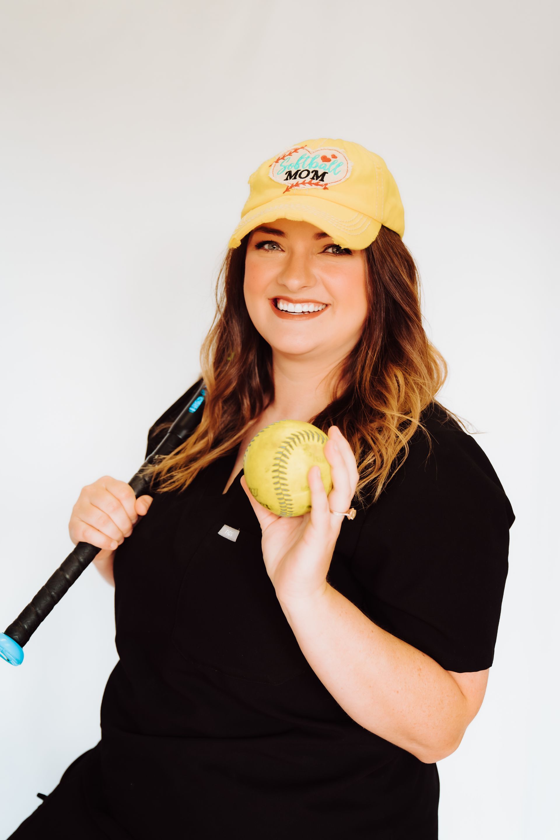 a woman wearing a yellow hat is holding a softball and a bat .