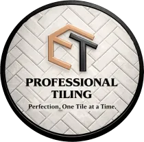 Logo for Professional Tiling featuring the initials ET on a white herringbone tile background with the slogan below.