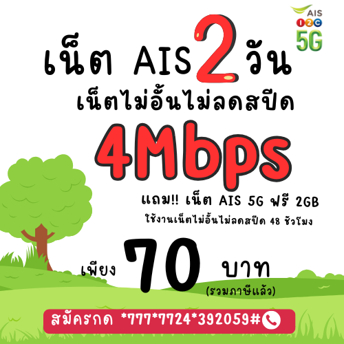 สมัครโปรเน็ต AIS 2 วัน ไม่ลดสปีด 4mbps แถมเน็ต AIS 5G เร็วเต็มสปีด 2GB