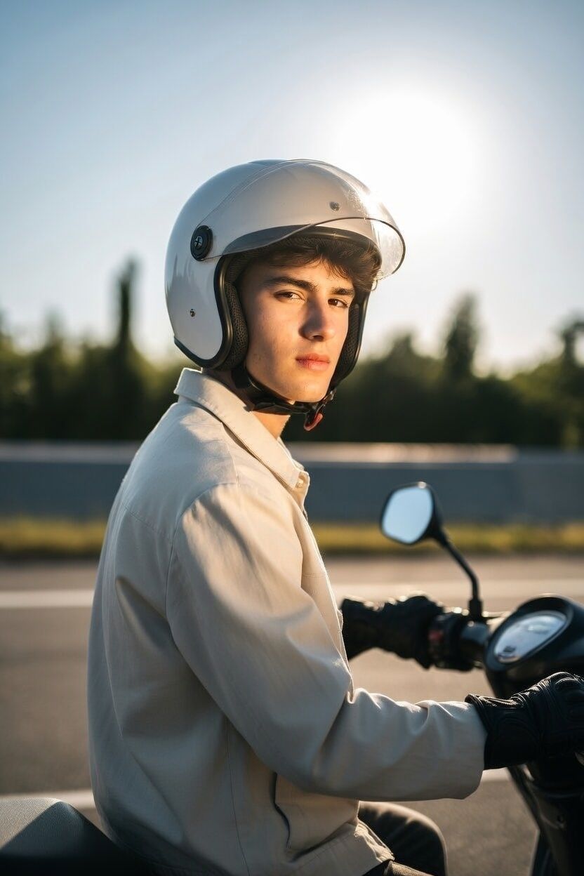 Eine Person mit weißem Helm und beiger Jacke blickt beim Rollerfahren auf einer sonnigen Straße über die Schulter.