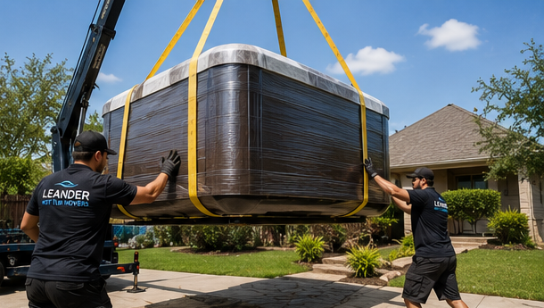 Professional movers handling jacuzzi removal from wooden deck structure