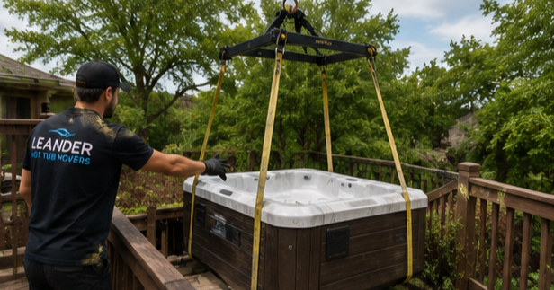 Residential spa hoisting service in progress at Leander Texas home