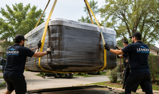 Heavy equipment movers stabilizing spa before lifting operation begins