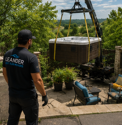 Workers using spa sled mover to reposition heavy hot tub safely