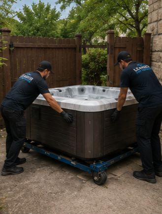 Leander Hot Tub Movers truck arriving at residential job site