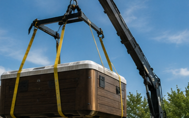 Workers positioning crane to lift hot tub over house safely