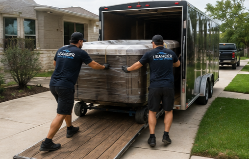 Residential spa relocation crew coordinating lift and placement