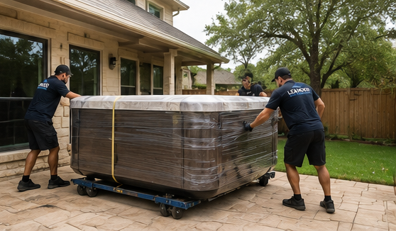 Backyard hot tub moving service with safety straps and rigging