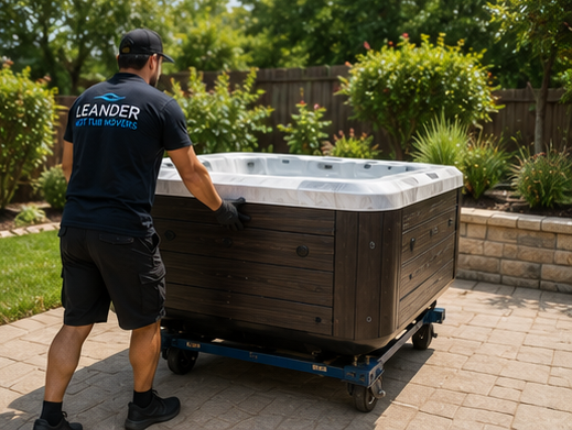 Team using spa sled mover to reposition hot tub safely