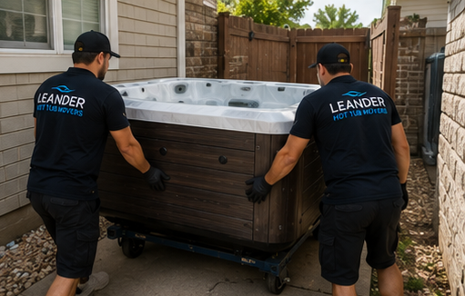 Hot tub moving company crew securing spa for long distance transport