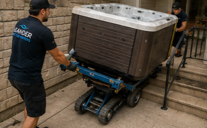 Spa movers navigating tight backyard space during removal process
