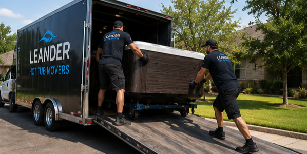 Hot tub moving crew loading spa onto transport truck carefully