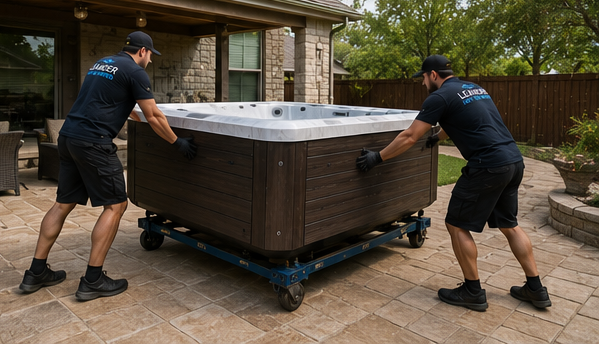 Professional hot tub movers positioning spa for deck removal