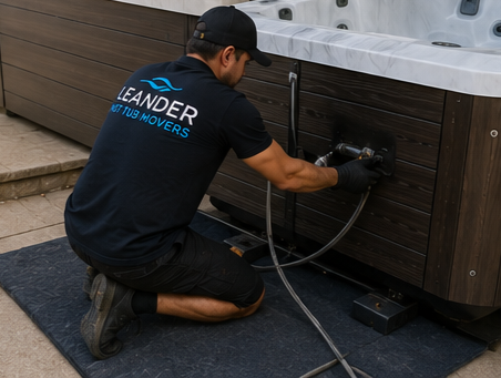 Workers disconnecting and preparing hot tub for relocation service