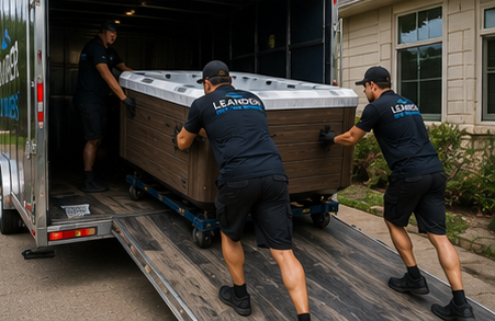Hot tub transport truck arriving at residential property job site