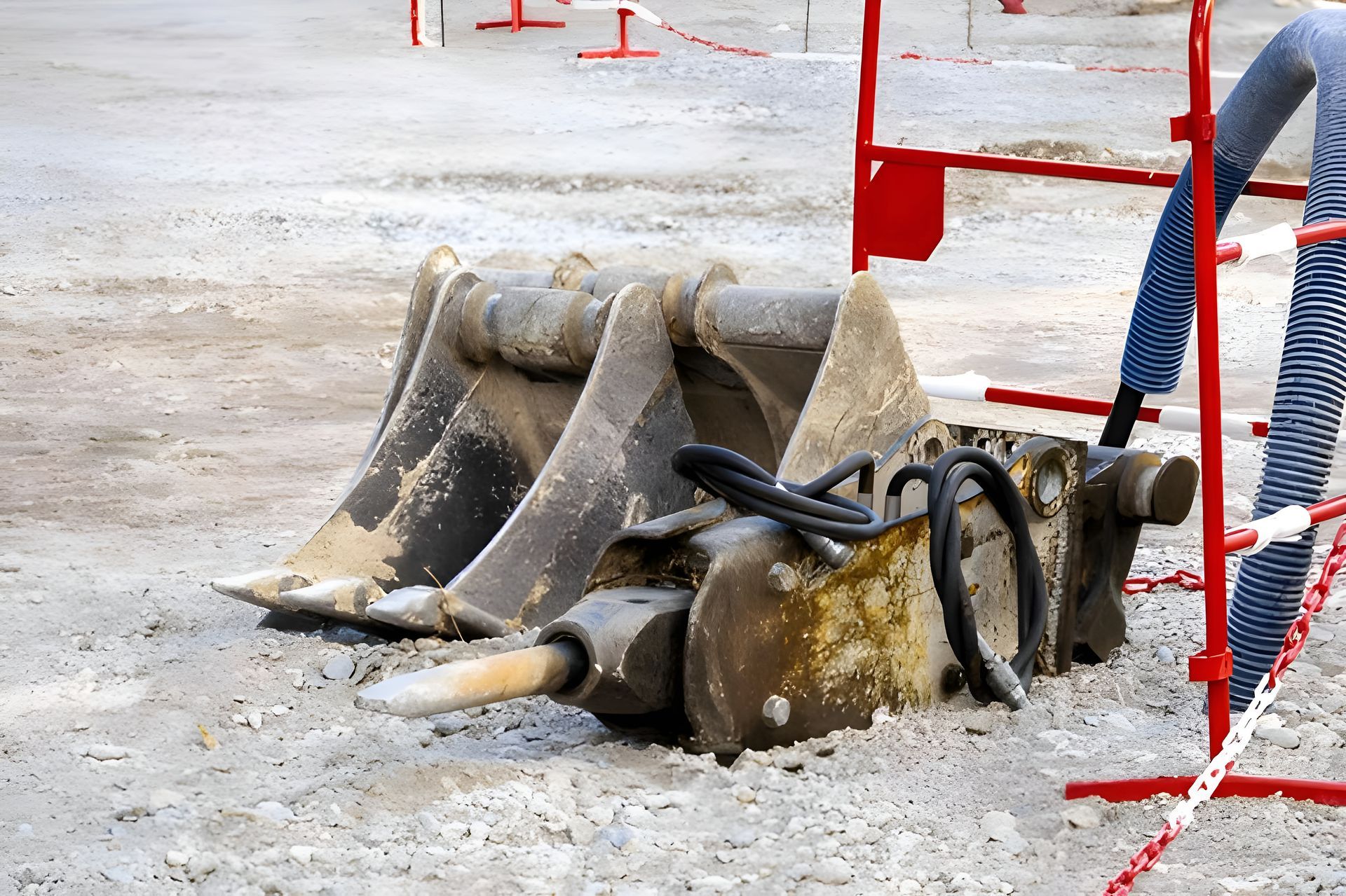 Heavy Machinery Hydraulic Breaker Resting on a Construction Site — Compass Equipment Hire in Woodburn, NSW