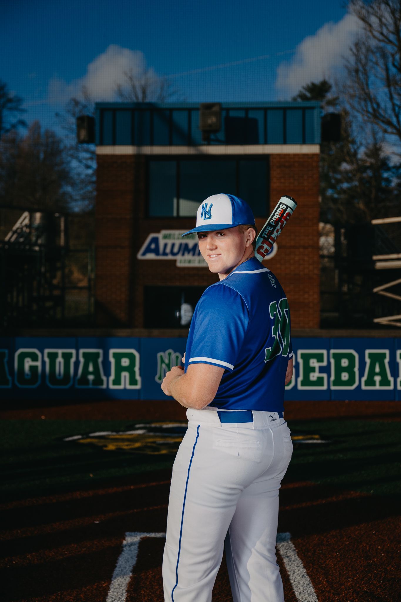 A baseball player in a blue uniform stands on a field, holding a bat over their shoulder in front of a brick stadium.