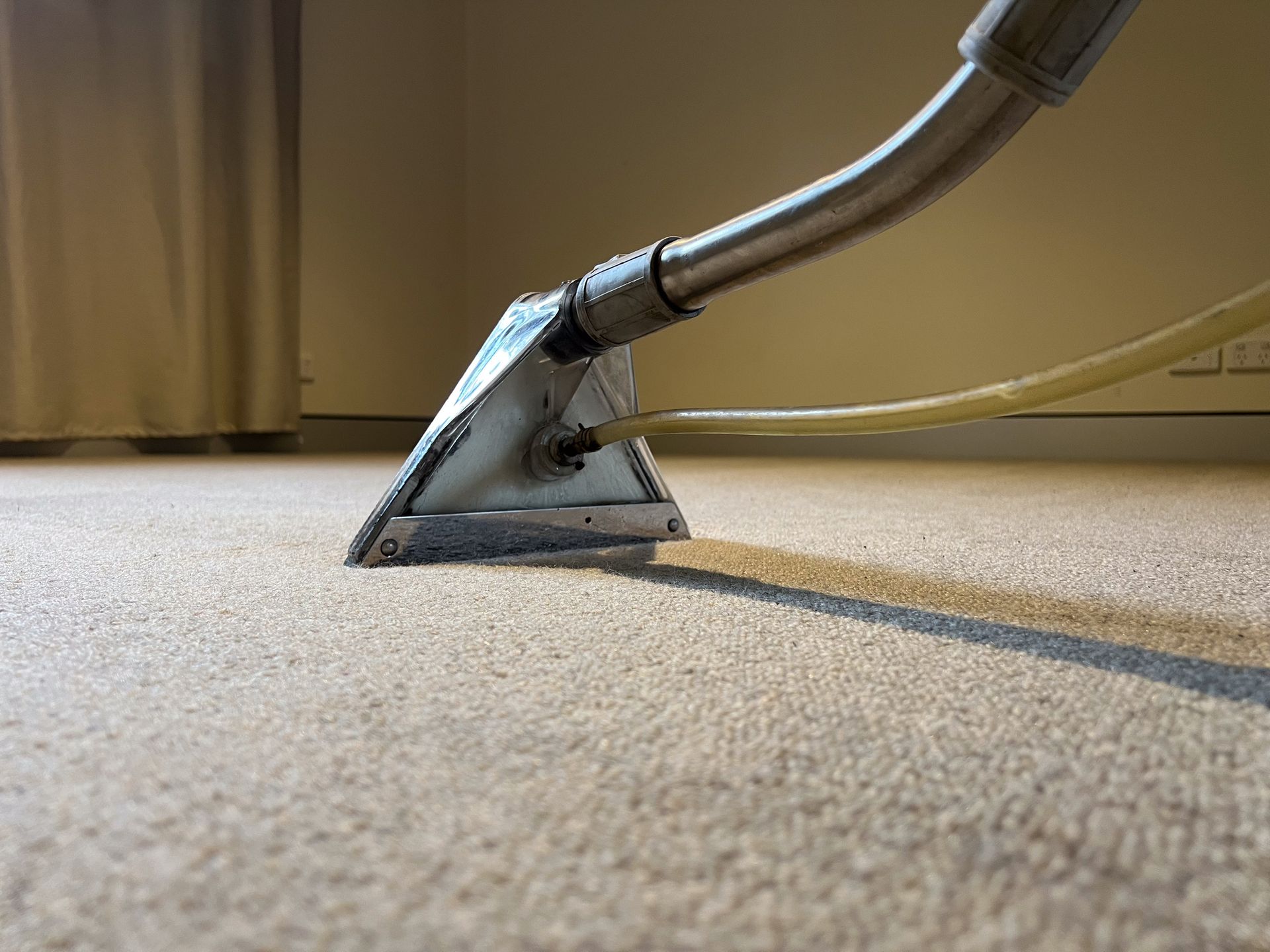Carpet being cleaned with a professional steam cleaner, in a room with neutral colors.