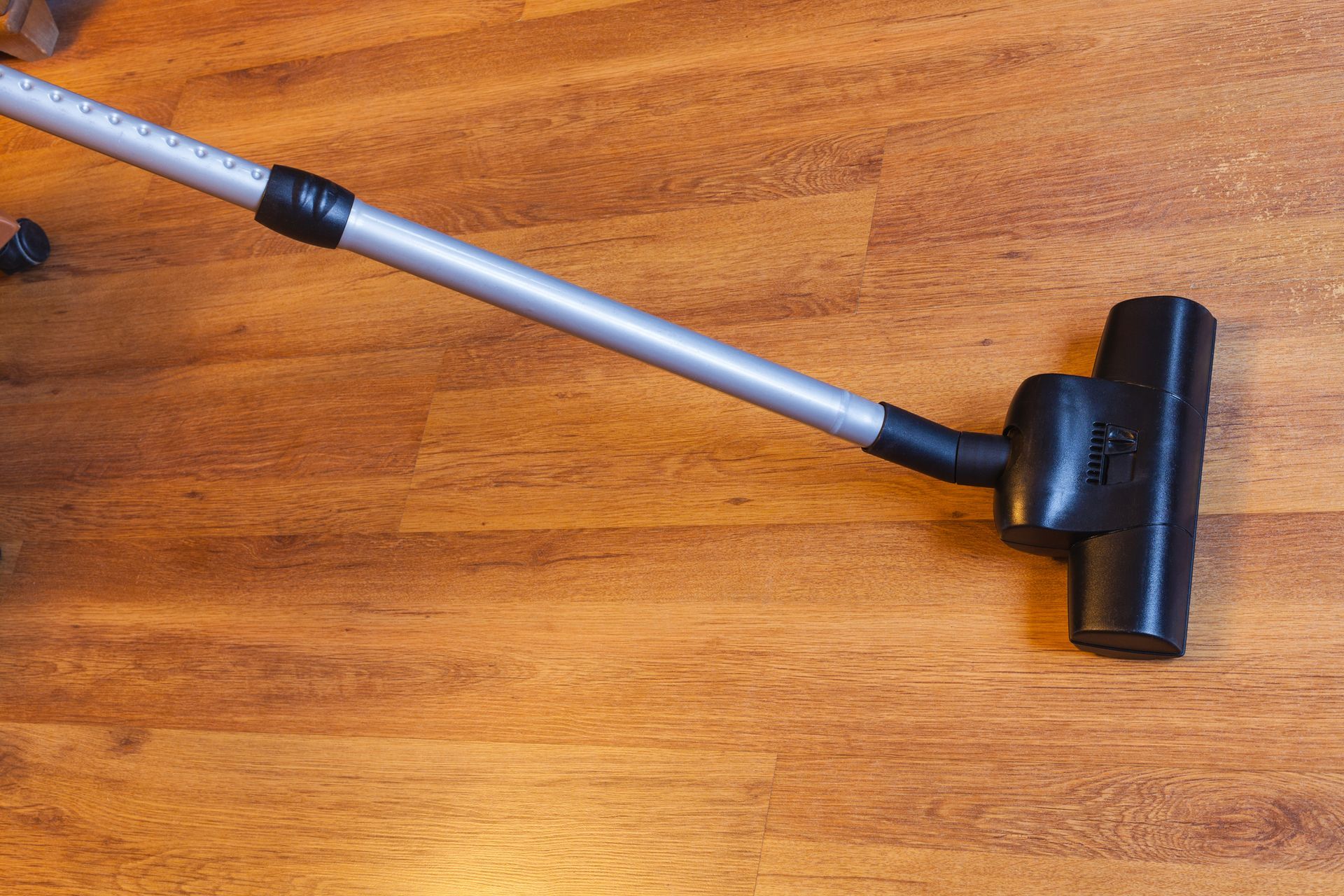 Vacuum cleaner head on a hardwood floor, angled shot.
