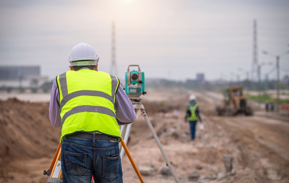 Man Wearing Safety Vest Is Using Surveyor on Construction Site — Surveyor In Canowindra, NSW
