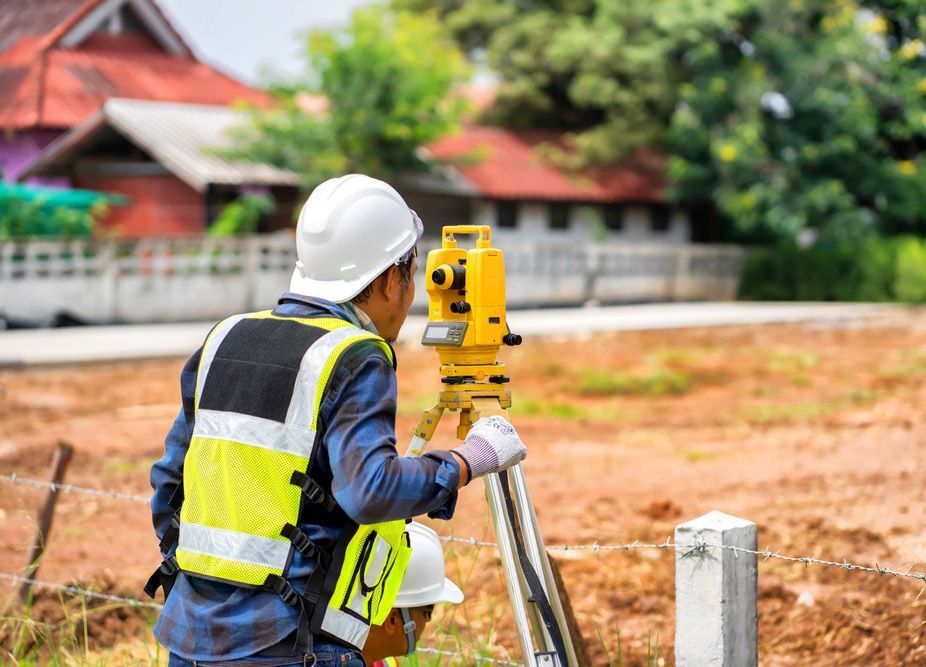 Man Wearing Hard Hat And Safety Vest Holding A Surveyor — Surveyor In Blayney, NSW